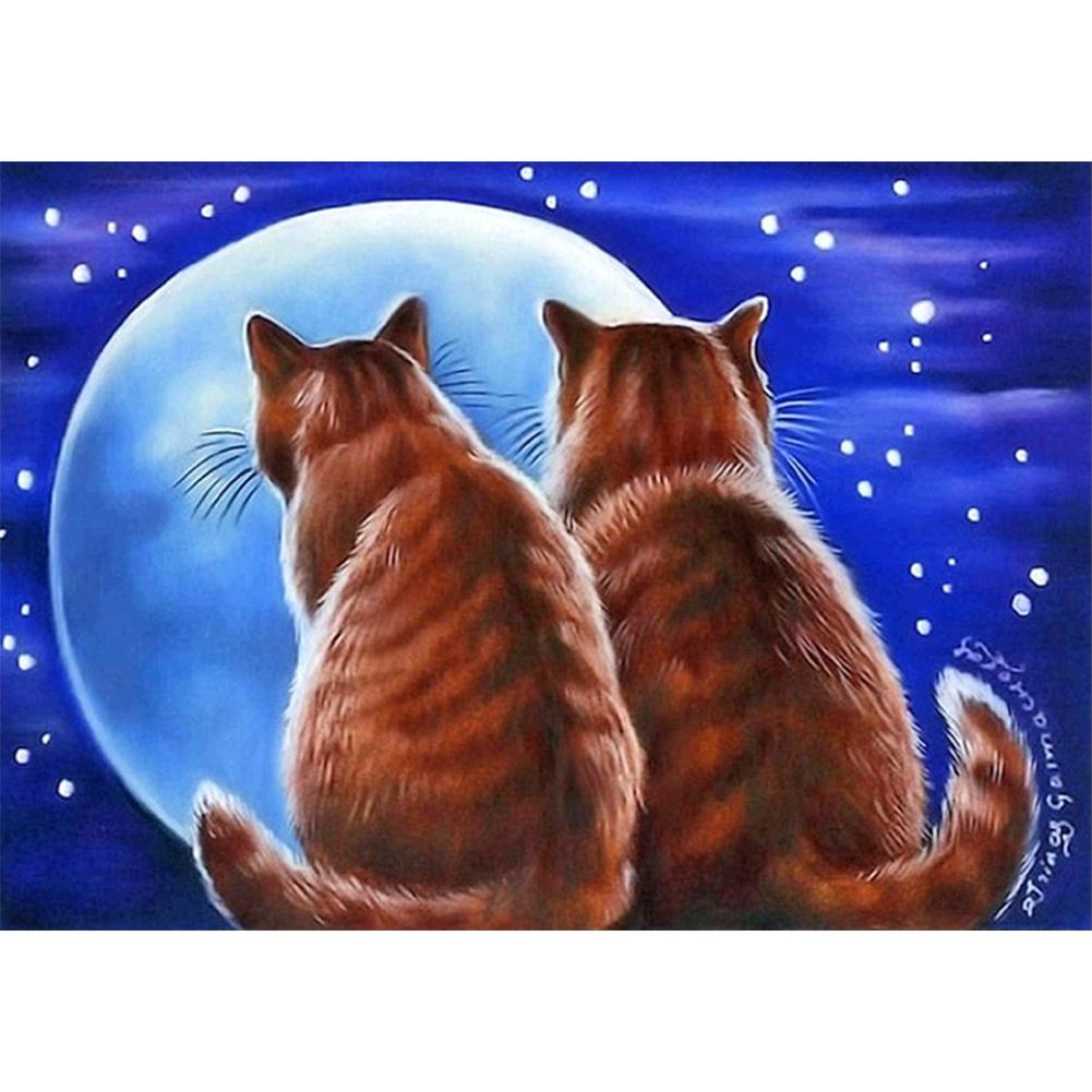 Les chats admirent l’animal de lune - peinture de diamant plein - 40x30cm