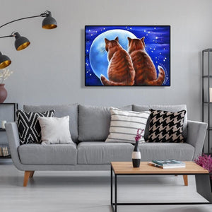 Les chats admirent l’animal de lune - peinture de diamant plein - 40x30cm