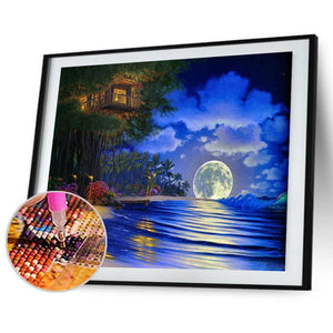Lune lumineuse en mer - peinture de diamant complète - 40x30cm