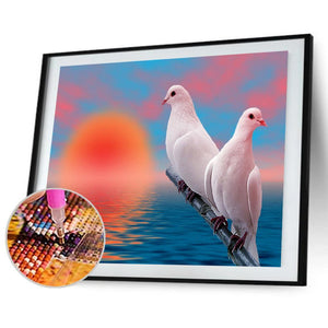 Deux pigeons animaux - peinture diamant pleine - 40x30cm