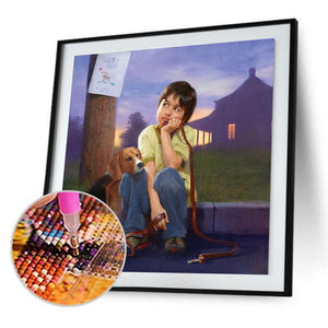 Chien d’enfant assis - peinture complète de diamant - 30x30cm