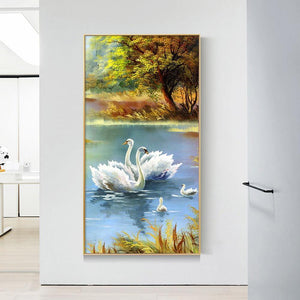 Famille de cygne - peinture ronde complète de diamant - 85x45cm