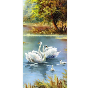 Famille de cygne - peinture ronde complète de diamant - 85x45cm