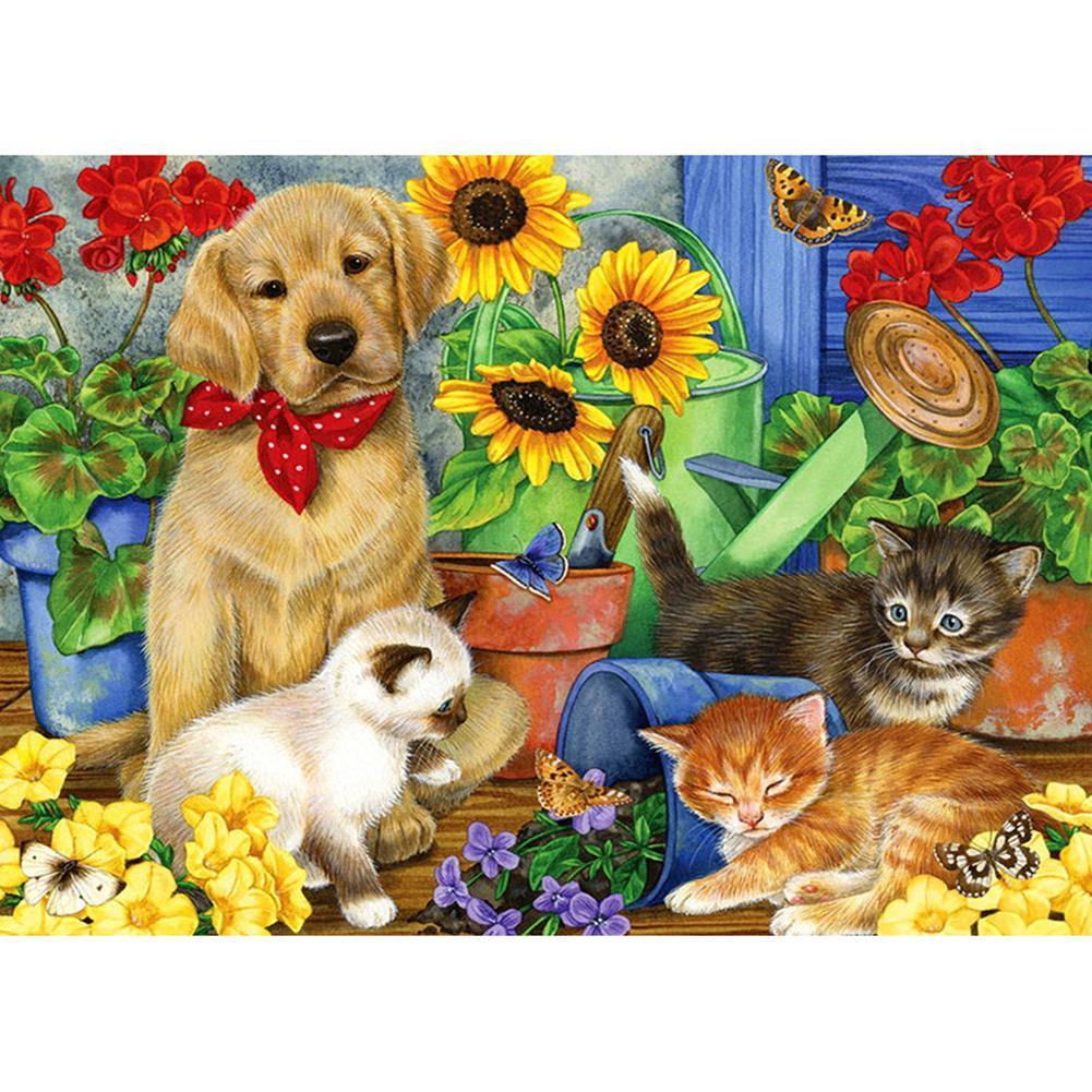 Chat et chien - diamant rond complet - 30x40cm