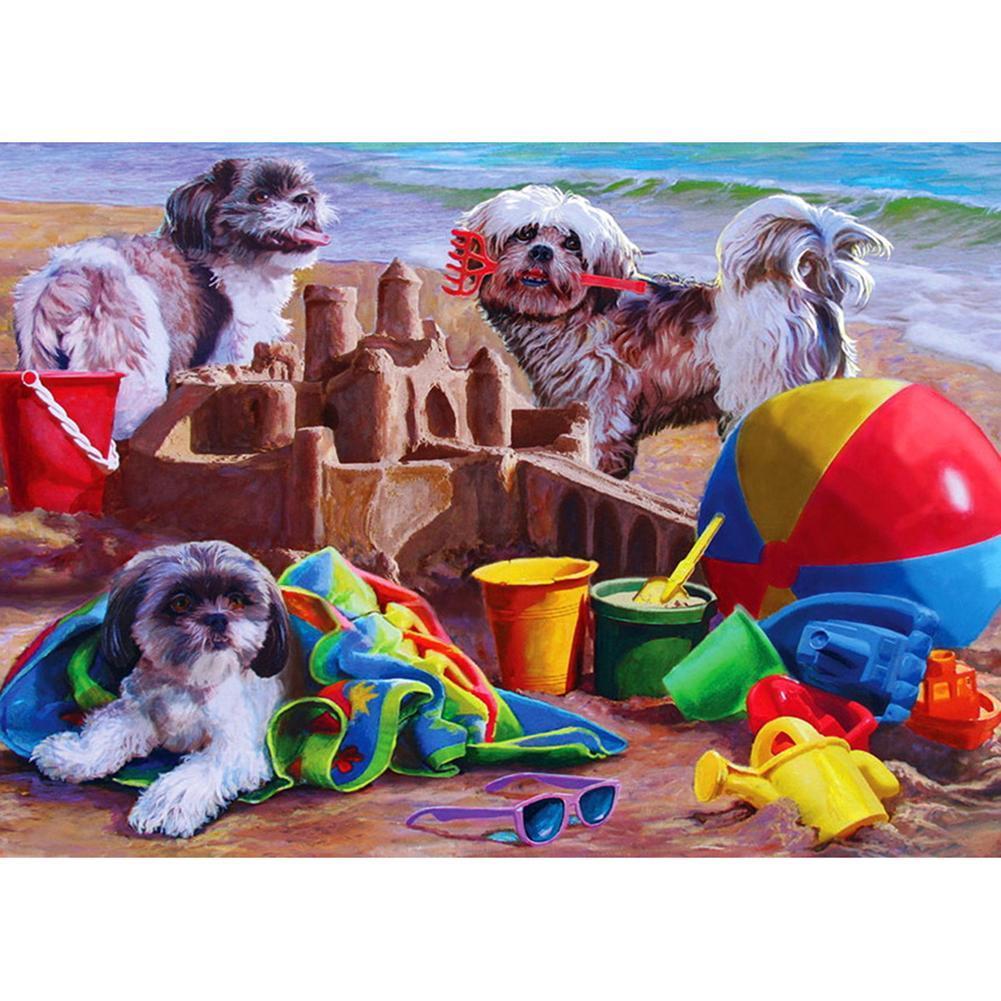 Chiens de plage - diamant rond complet - 30x40cm