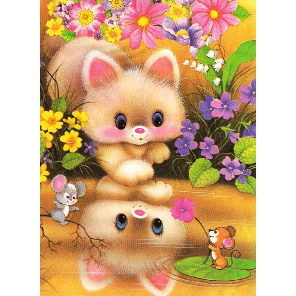 Chat et fleur - diamant rond complet - 30x40cm