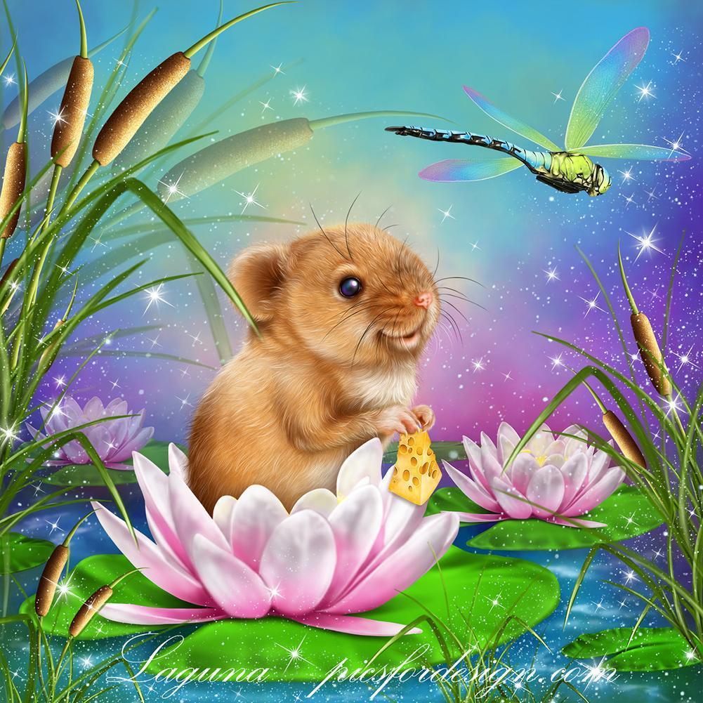 Libellule de souris - diamant rond complet - 30x30cm