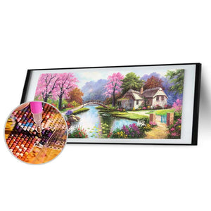 Paysage de village de printemps - diamant rond complet - 100x50cm