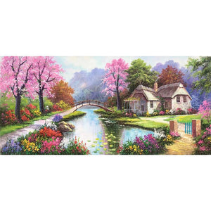 Paysage de village de printemps - diamant rond complet - 100x50cm