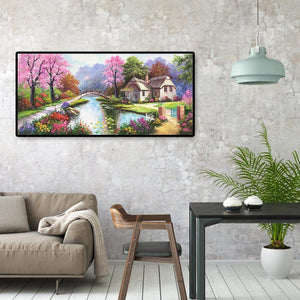 Paysage de village de printemps - diamant rond complet - 100x50cm