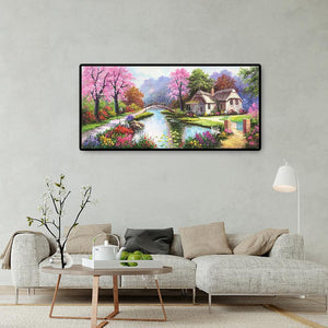 Paysage de village de printemps - diamant rond complet - 100x50cm