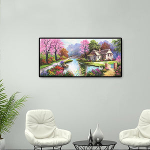 Paysage de village de printemps - diamant rond complet - 100x50cm