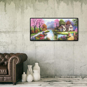 Paysage de village de printemps - diamant rond complet - 100x50cm