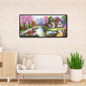 Paysage de village de printemps - diamant rond complet - 100x50cm