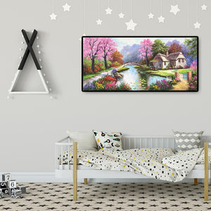 Paysage de village de printemps - diamant rond complet - 100x50cm