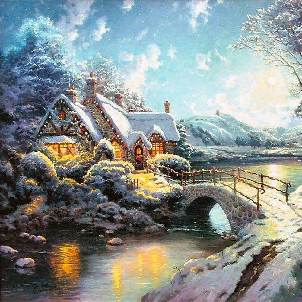 Scène de neige - diamant rond complet - 30x30cm