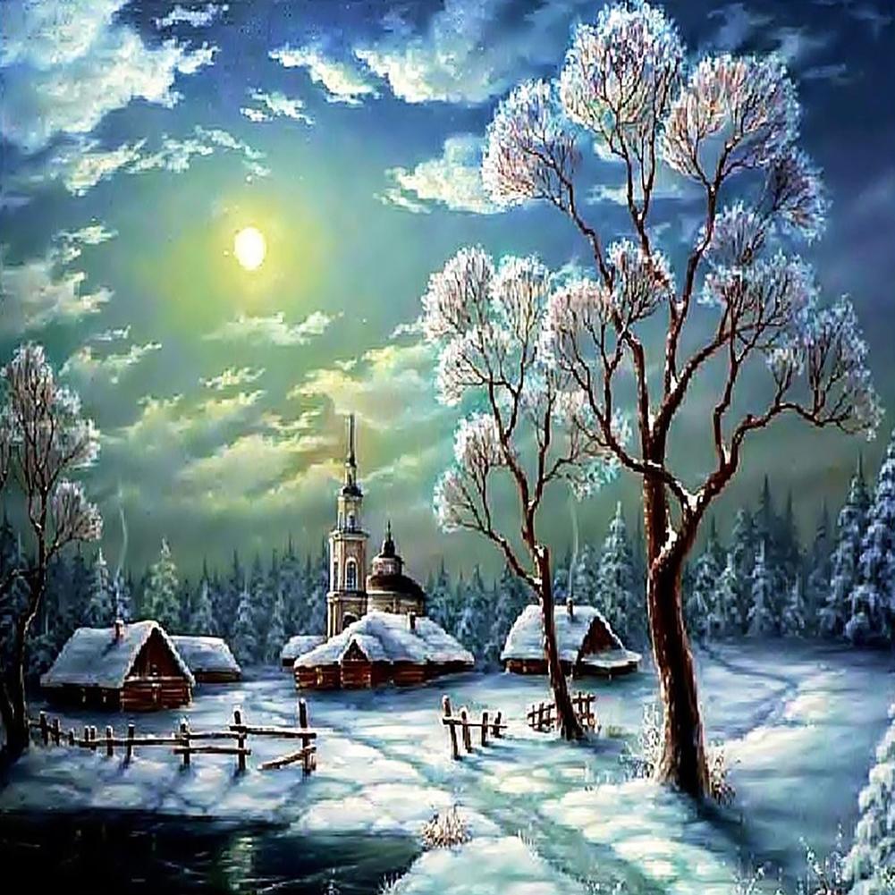 Scène de neige - diamant rond complet - 30x30cm