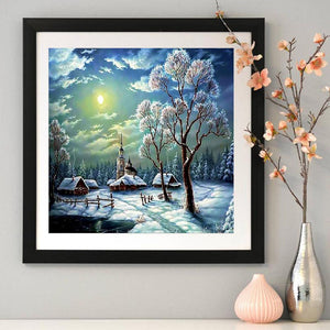 Scène de neige - diamant rond complet - 30x30cm