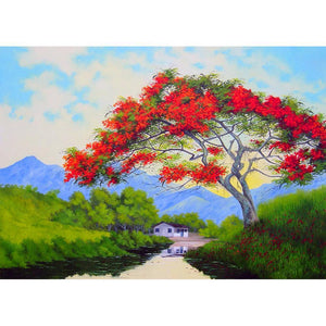 Paysage rural - diamant rond complet - 40x30cm