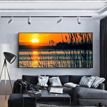 Charger l&#39;image dans la galerie, Marais de roseaux de coucher du soleil de 100x40cm - diamant rond complet - 100x40cm
