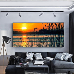 Marais de roseaux de coucher du soleil de 100x40cm - diamant rond complet - 100x40cm