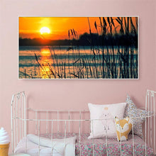 Charger l&#39;image dans la galerie, Marais de roseaux de coucher du soleil de 100x40cm - diamant rond complet - 100x40cm
