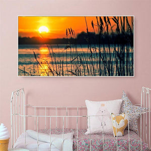 Marais de roseaux de coucher du soleil de 100x40cm - diamant rond complet - 100x40cm