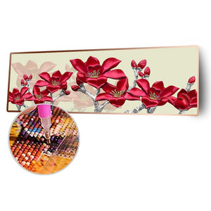 Paysage de couture de fleur rouge - diamant rond complet - 80x30cm