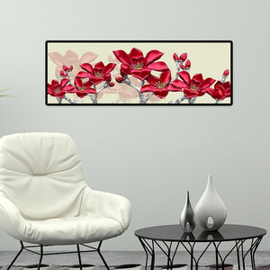 Paysage de couture de fleur rouge - diamant rond complet - 80x30cm