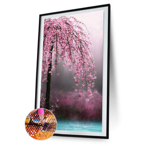 45x85cm arbre à fleurs roses - diamant rond complet - 45x85cm