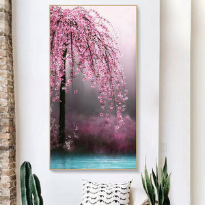 45x85cm arbre à fleurs roses - diamant rond complet - 45x85cm