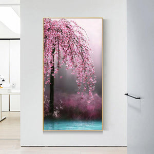 45x85cm arbre à fleurs roses - diamant rond complet - 45x85cm