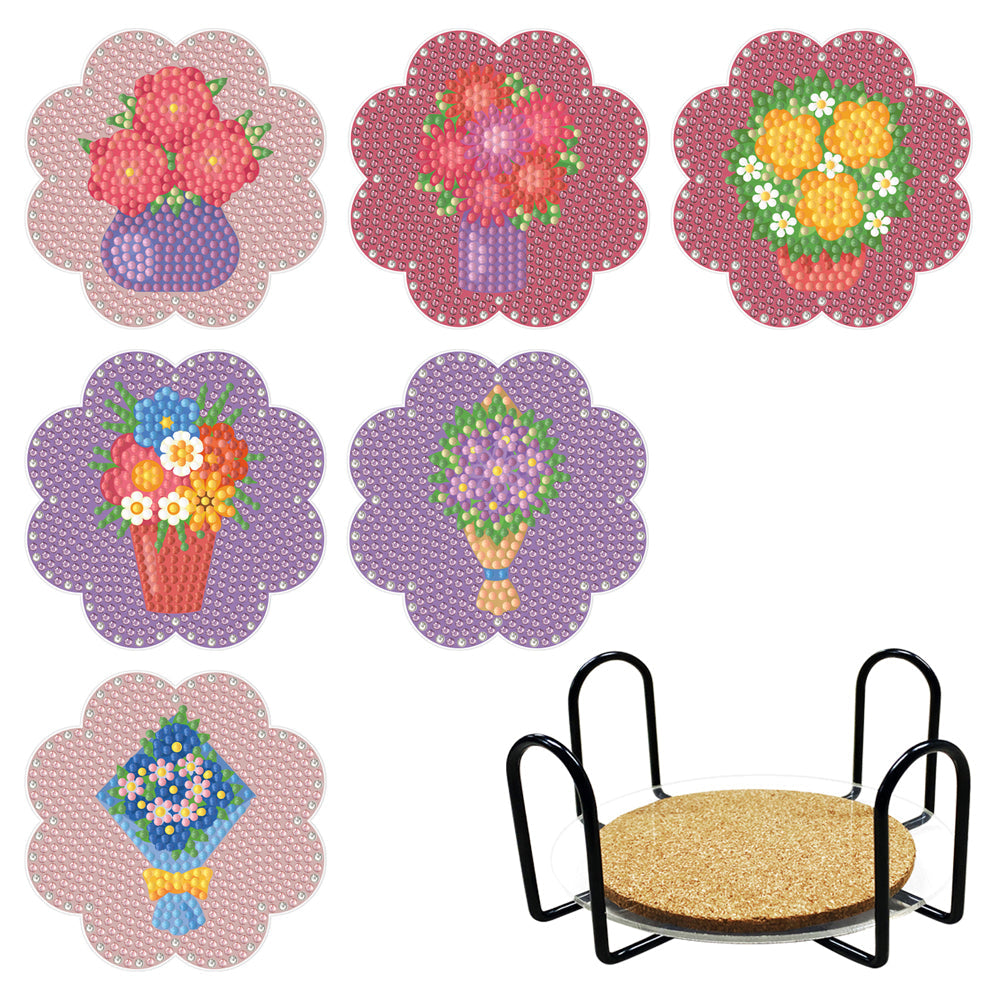 6pcs/set +1 rack de stockage-Fleurs-Bois Diamond Coaster