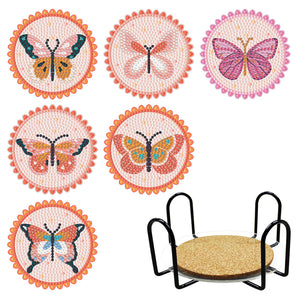 6pcs/set +1 rack de stockage-Fleurs-Bois Diamond Coaster