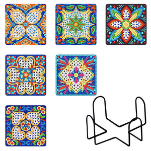 6pcs/set +1 rack de stockage-Mandala-Bois Diamond Coaster