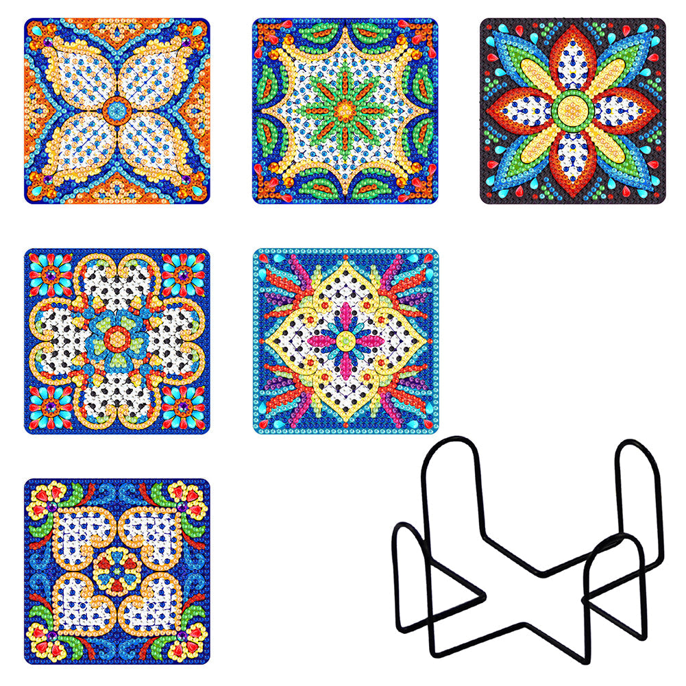 6pcs/set +1 rack de stockage-Mandala-Bois Diamond Coaster