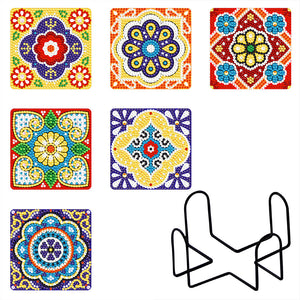 6pcs/set +1 rack de stockage-Mandala-Bois Diamond Coaster