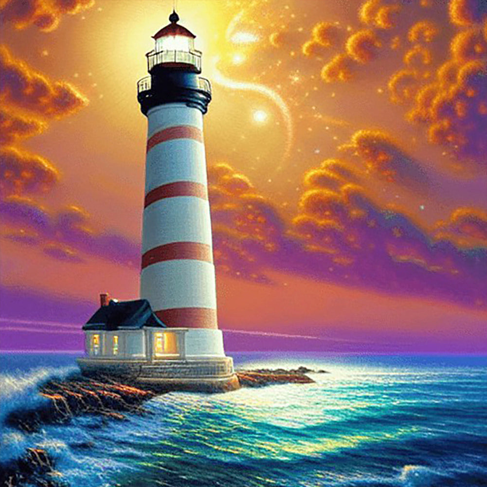 Crossing The Sea Lighthouse-complet Round peinture au diamant-30x30cm
