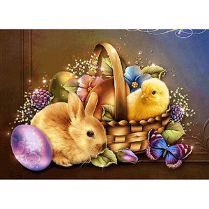 Lapin de poussin de Pâques - diamant rond complet - 40x30cm
