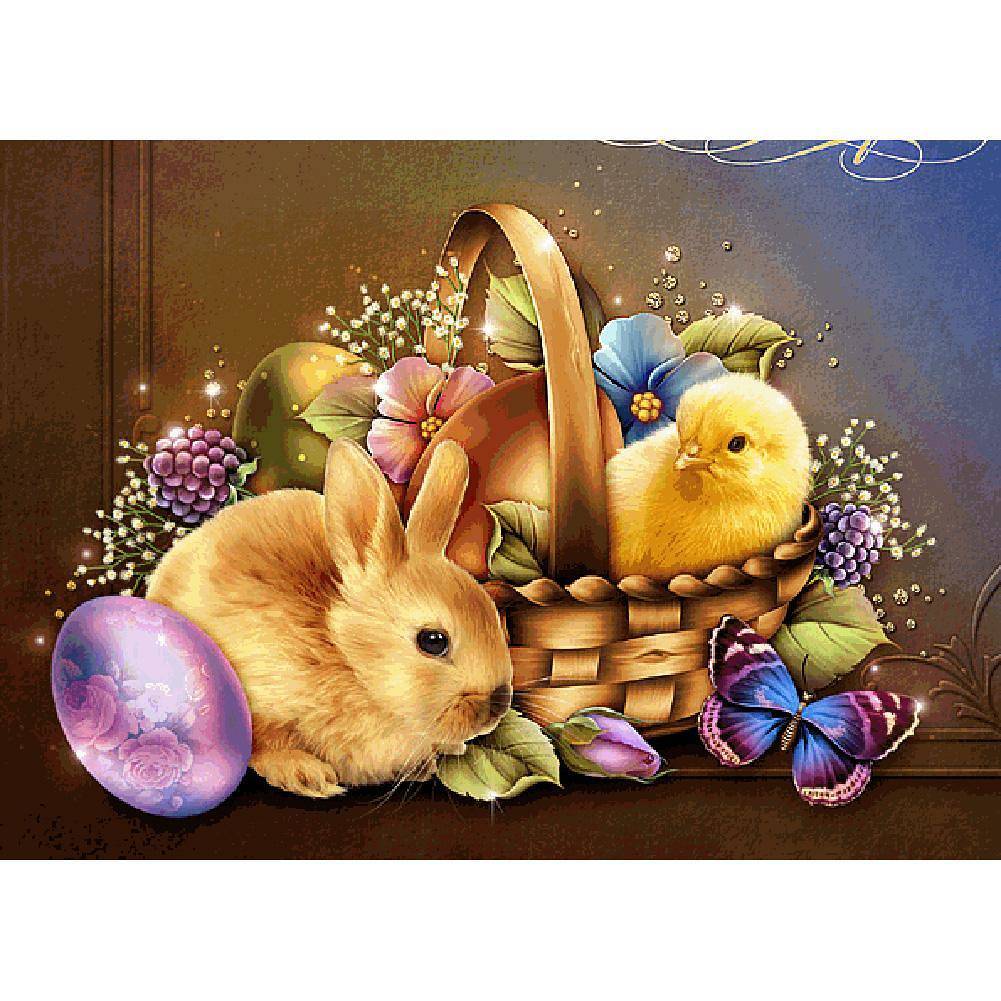 Lapin de poussin de Pâques - diamant rond complet - 40x30cm